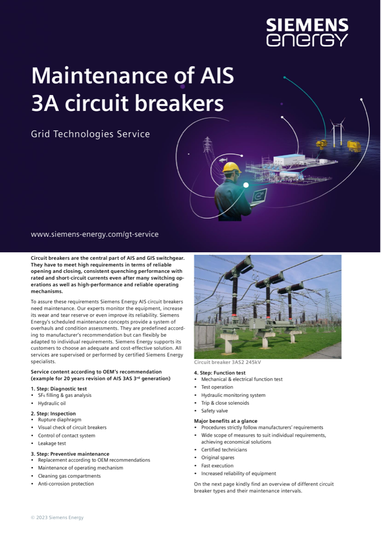 Brochure cover and service overview, including the four-step OEM-recommended revision scope and a 3AS2 245 kV circuit breaker in the field.