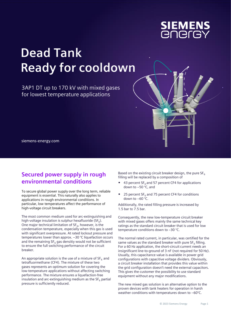 Flyer cover: 3AP1 DT dead tank circuit breaker up to 170 kV with mixed gases for lowest temperature applications