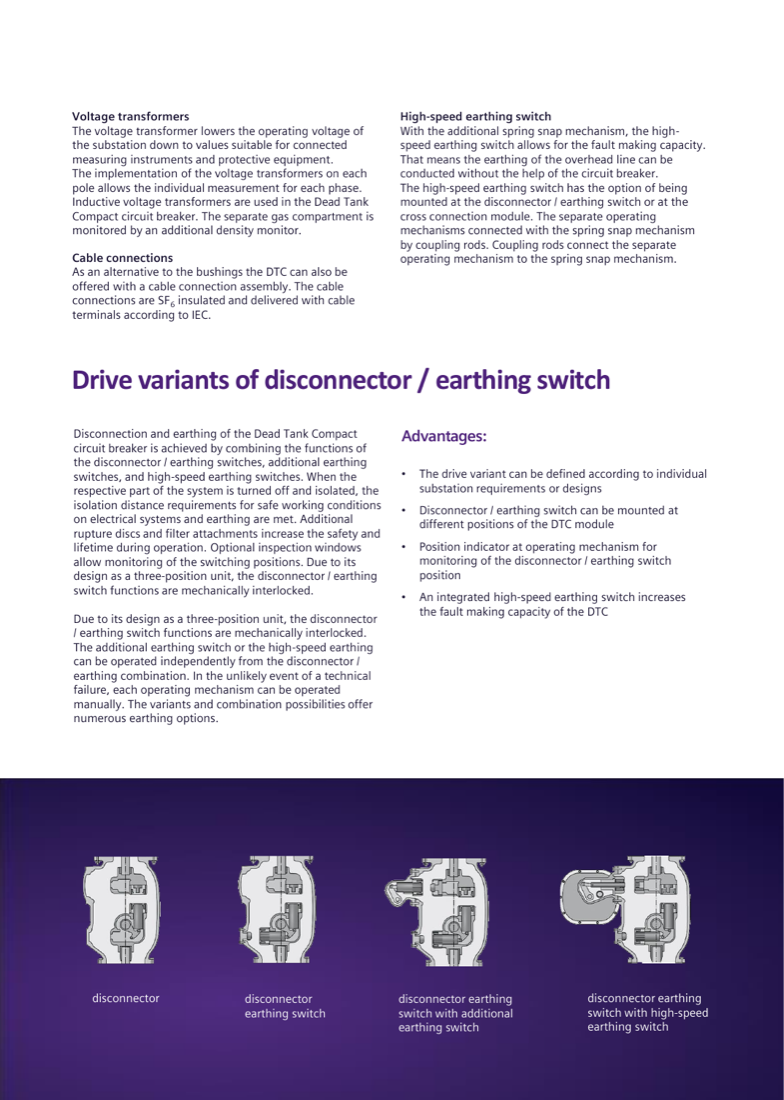 Drive variants of the disconnector/earthing switch: disconnector, disconnector earthing switch, with additional earthing switch, and with high-speed earthing switch