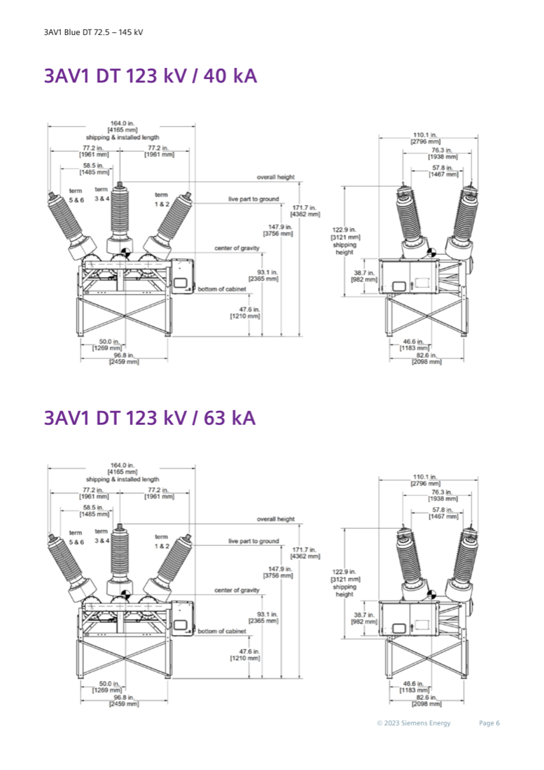 3AV1 DT 123 kV / 40 kA and 123 kV / 63 kA — dimensional drawings (front and side views)