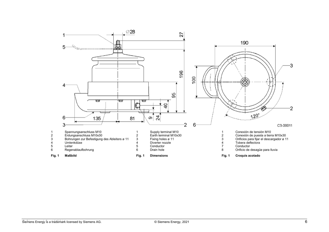 Fig. 1 — Dimension drawing: overall height 196 mm, ø 190 mm flange, M10 supply and M10x30 earth terminals, three ø 11 mm fixing holes at 120°, diverter nozzle and drain hole