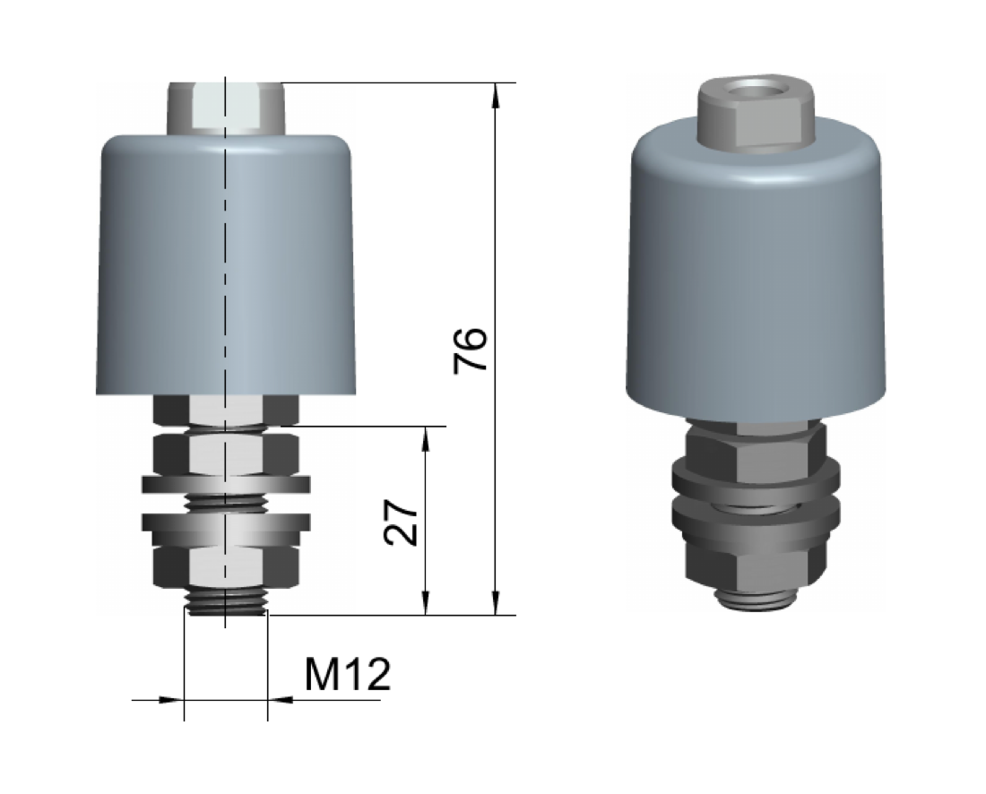 IEC disconnector detail — M12 stud, 76 mm overall height, 27 mm lower stud section