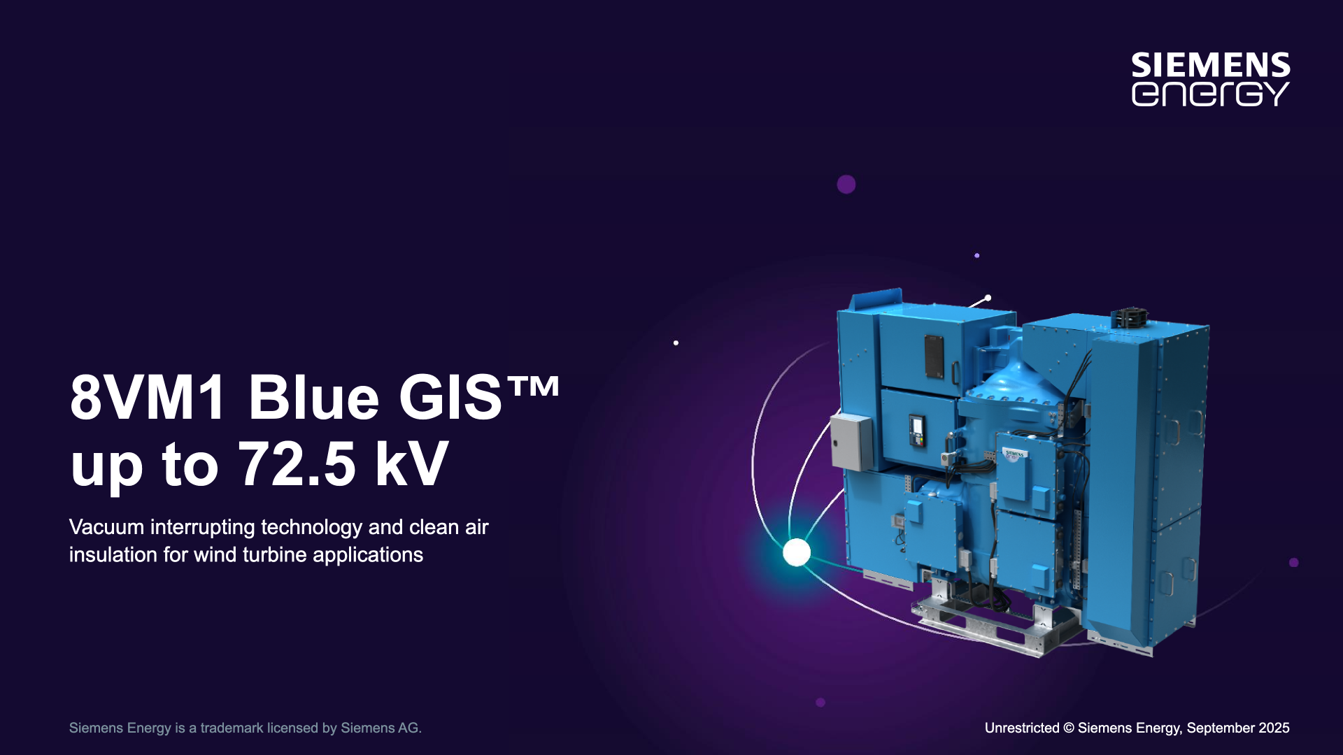 Cover: 8VM1 Blue GIS up to 72.5 kV — vacuum interrupting technology and clean air insulation for wind turbine applications, with full product rendering (slide 1).