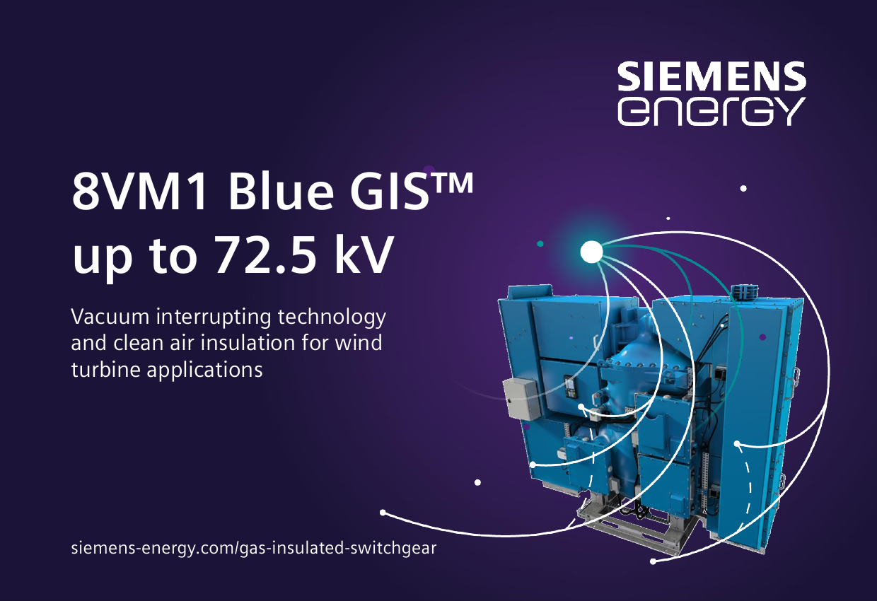 Cover: 8VM1 Blue GIS up to 72.5 kV — vacuum interrupting technology and clean air insulation for wind turbine applications (page 1 product view).