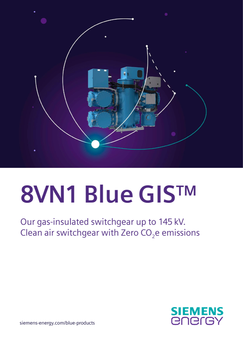Cover: 8VN1 Blue GIS bay — clean air switchgear up to 145 kV with Zero CO2e emissions (page 1).