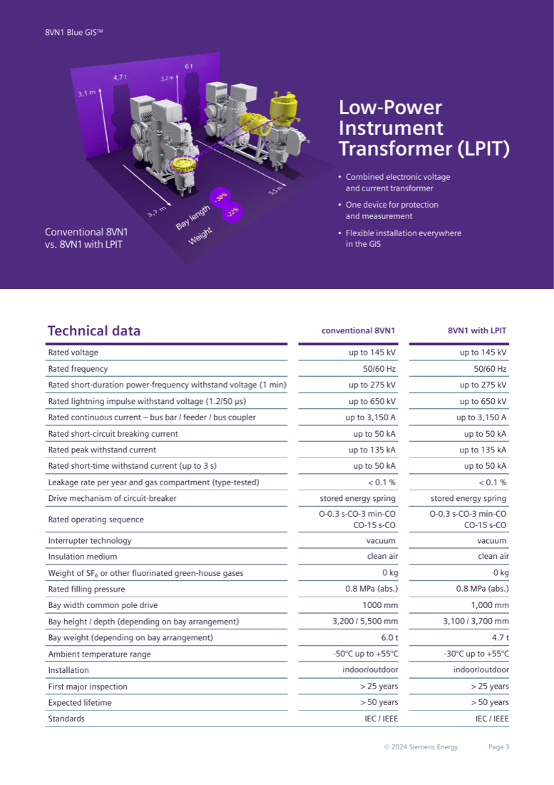 Conventional 8VN1 vs. 8VN1 with Low-Power Instrument Transformer — -30% bay length, -22% weight (6 t vs 4.7 t) — with the full technical data table (page 3).