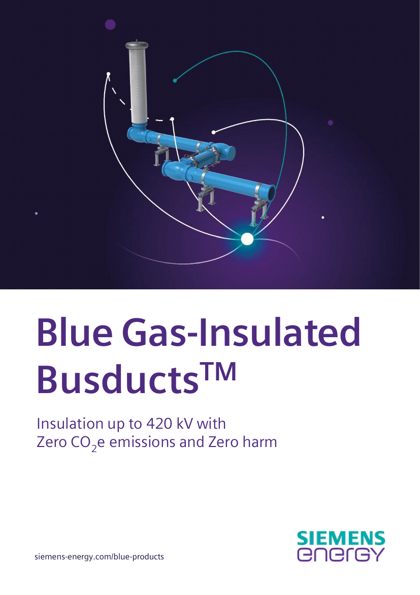 Cover: Blue Gas-Insulated Busducts — insulation up to 420 kV with Zero CO2e emissions and Zero harm (page 1).