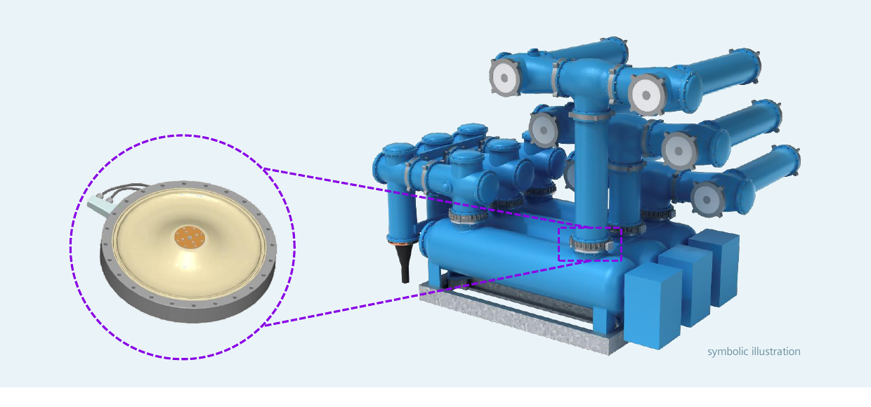 Symbolic illustration (as labelled in the flyer, page 3) of the Blue 420 kV GIS, with a magnified inset highlighting the digital low power instrument transformer (LPIT) integrated into the switchgear.