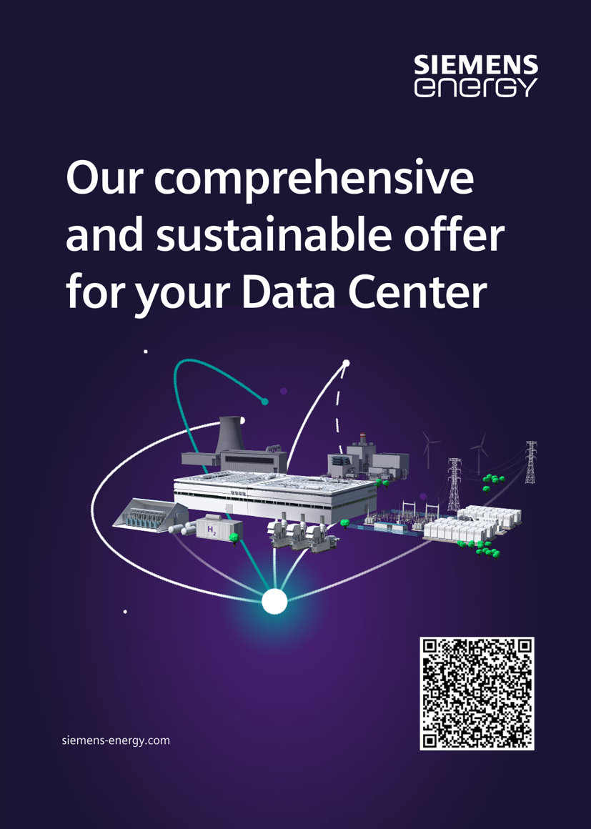 Flyer cover: Our comprehensive and sustainable offer for your Data Center, with an energy-landscape rendering and QR code (page 1).