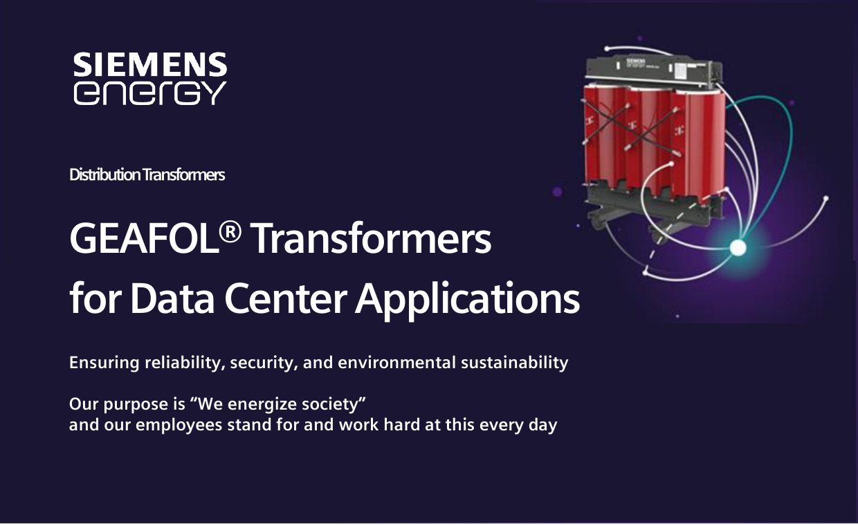 Flyer cover: GEAFOL Transformers for Data Center Applications — ensuring reliability, security, and environmental sustainability, with a cast-resin transformer rendering (page 1).