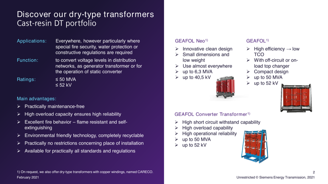 Cast-resin DT portfolio overview — applications, function, ratings (≤ 50 MVA / ≤ 52 kV) and the three product lines GEAFOL Neo, GEAFOL and GEAFOL Converter Transformer (page 2).
