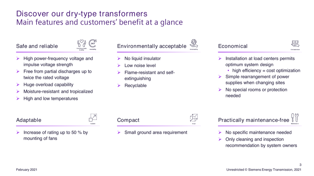 Main features and customer benefits at a glance: safe and reliable, environmentally acceptable, economical, adaptable, compact, practically maintenance-free (page 3).