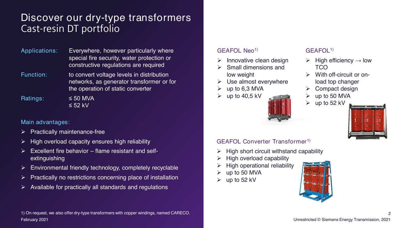 Cast-resin DT portfolio: applications, function, ratings and main advantages, alongside the GEAFOL Neo, GEAFOL and GEAFOL Converter Transformer product lines (page 2).