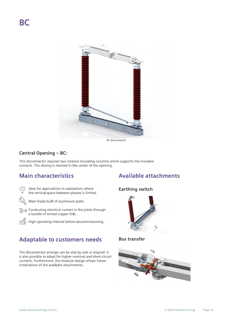 BC central-opening (centre-break) disconnector: two rotative insulating columns closing at the centre, with earthing-switch and bus-transfer attachments.