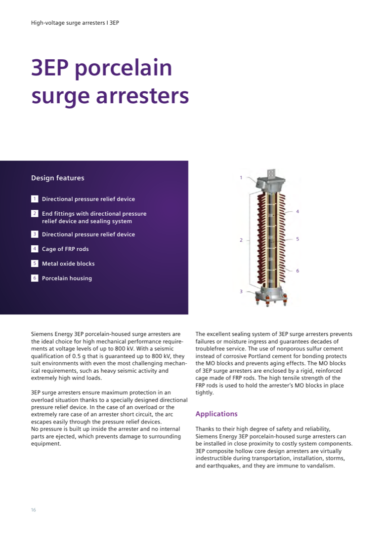 3EP porcelain surge arrester: directional pressure relief devices, sealed end fittings, FRP rod cage, MO blocks, and porcelain housing (source: page 16).