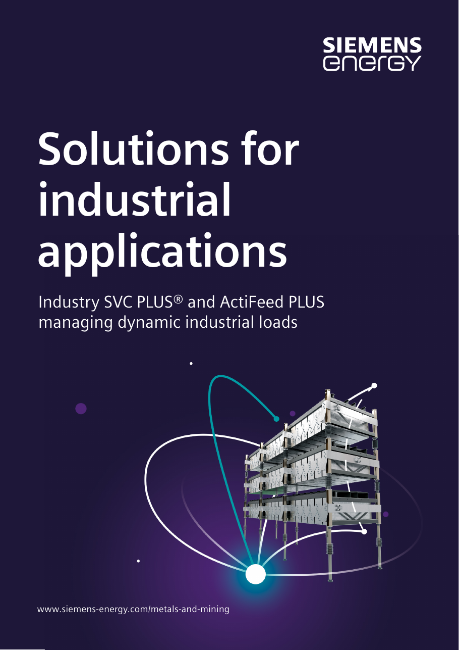Brochure cover with a product rendering of the industry SVC PLUS® Modular Multilevel Converter valve tower — stacked PLUS® sub-module tiers on post insulators — under the title 'Solutions for industrial applications: Industry SVC PLUS® and ActiFeed PLUS managing dynamic industrial loads' (p. 1)