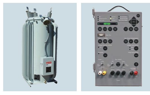 JFR single-phase voltage regulator tank (left) and the Siemens Energy control panel (right) — product photographs from page 1 of the datasheet.