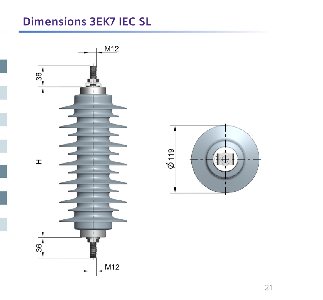 Dimensions of the 3EK7 IEC SL arrester: housing height H with M12 terminal studs (36 mm) top and bottom, and 119 mm shed diameter (top view).