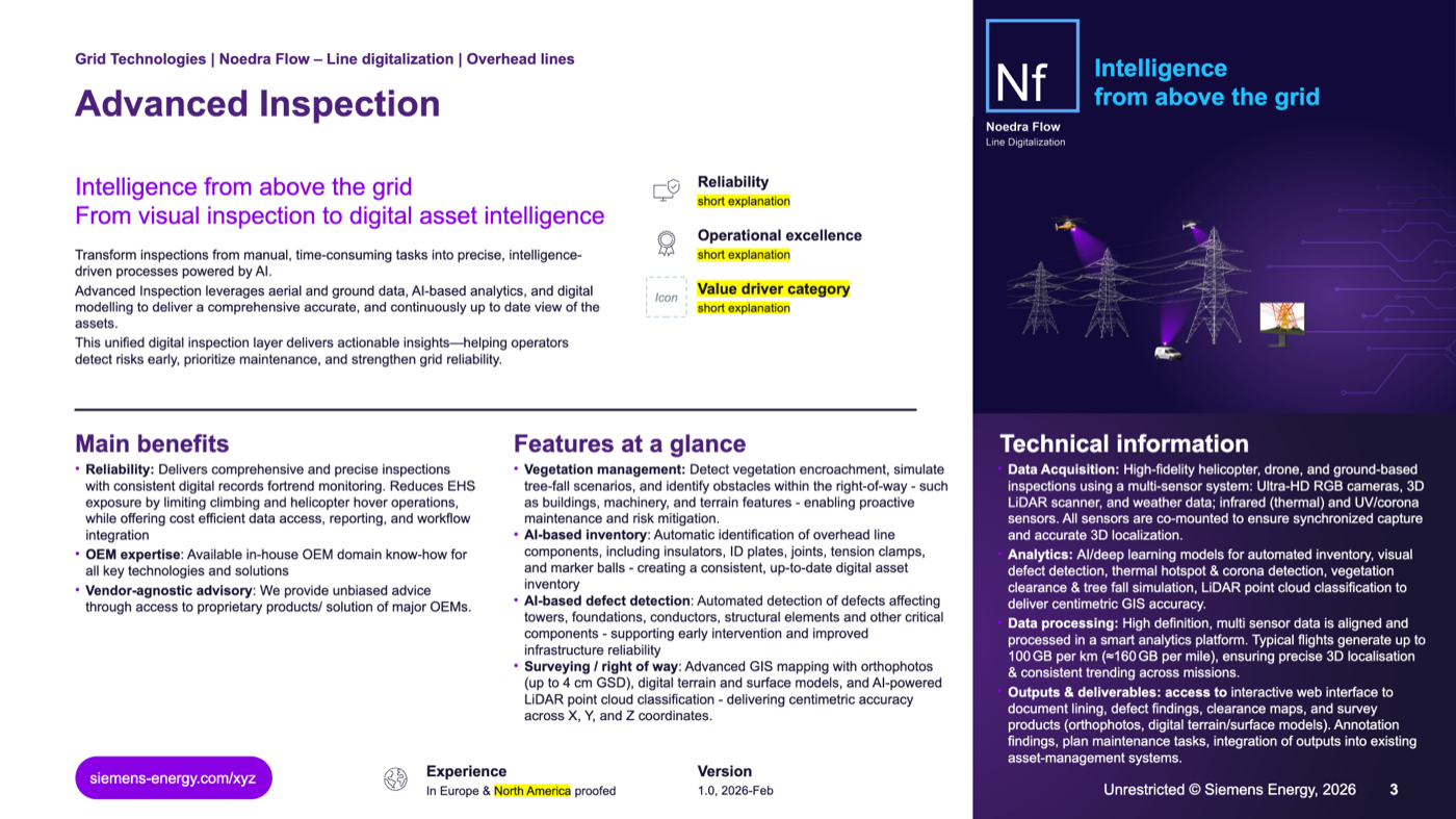Advanced Inspection one-pager: multi-sensor helicopter/drone/ground data acquisition, AI analytics, and outputs & deliverables including up to 100 GB per km of flight data and 4 cm GSD orthophotos (slide 3).
