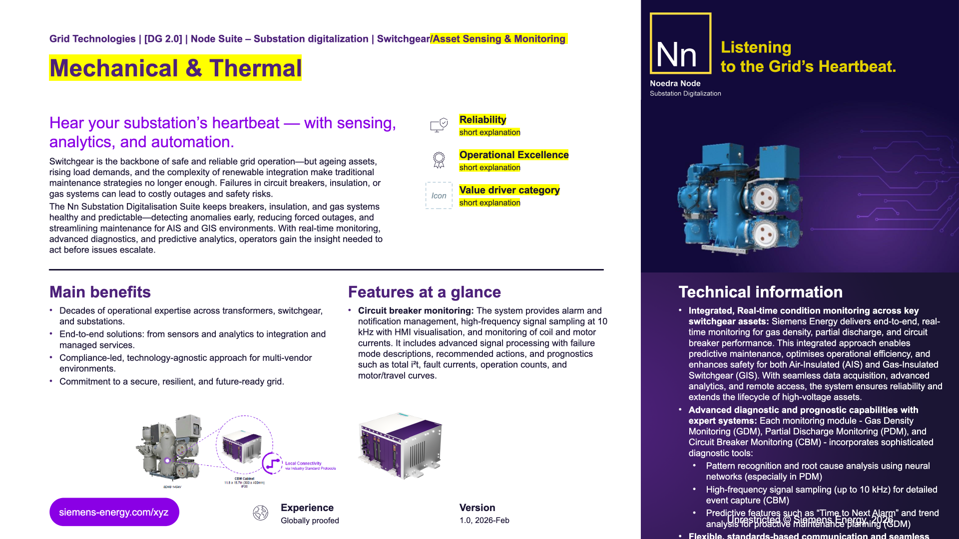 Mechanical & Thermal one-pager — circuit breaker monitoring (CBM) for the Noedra Node suite: monitored blue GIS product visual, 8DN8 145 kV bay with CBM cabinet and local connectivity, and the integrated technical-platform panel (slide 2).
