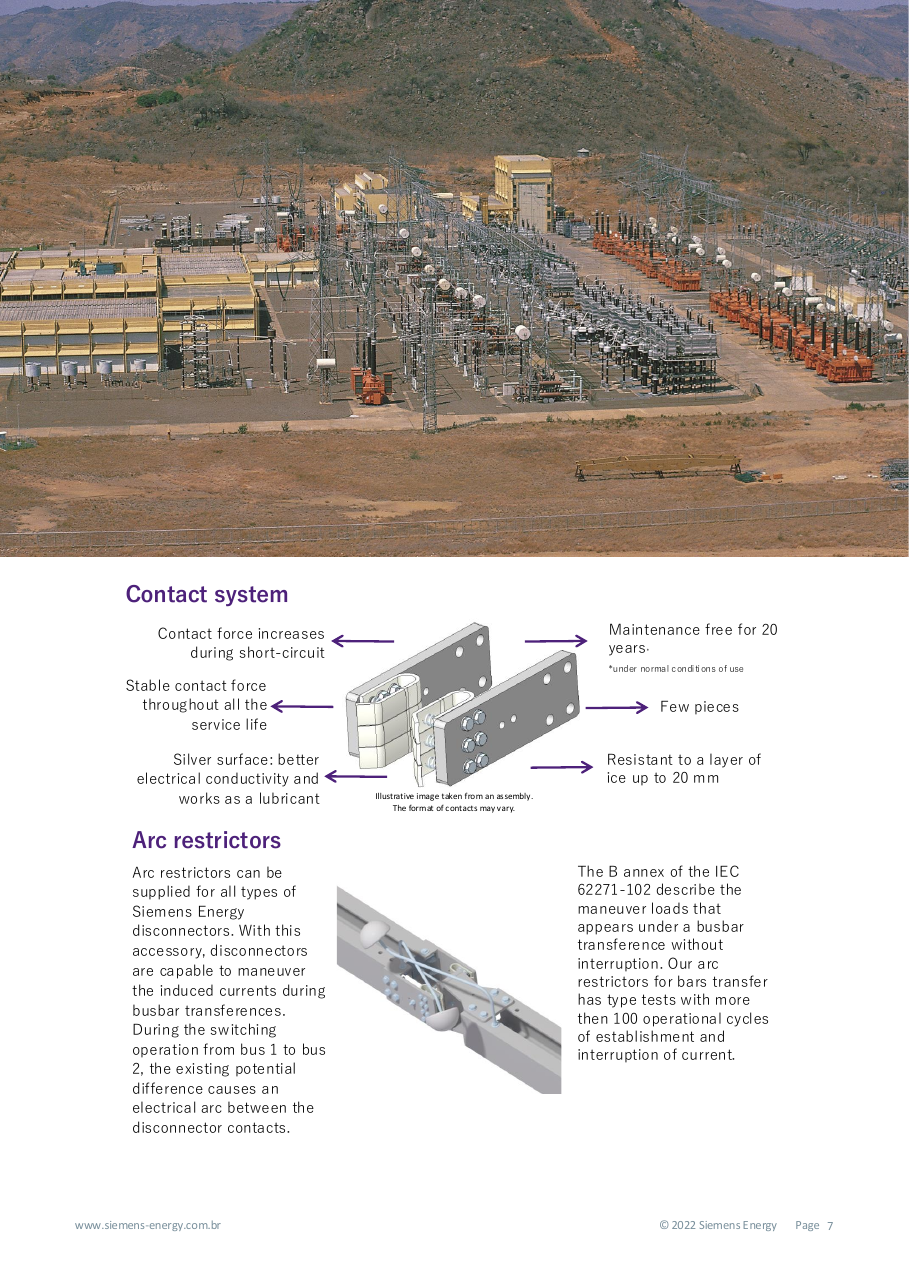 Contact system callouts (increasing contact force in short-circuit, silver surface, 20-year maintenance-free, 20 mm ice) and arc restrictors for busbar transfer per IEC 62271-102 Annex B (brochure page 7).