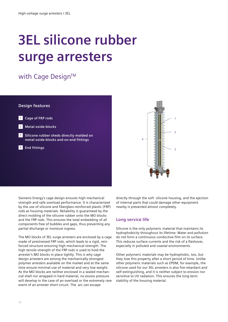 3EL silicone rubber Cage Design: labeled cutaway showing the FRP-rod cage, metal oxide blocks, directly molded silicone rubber sheds and end fittings (guide page 12).
