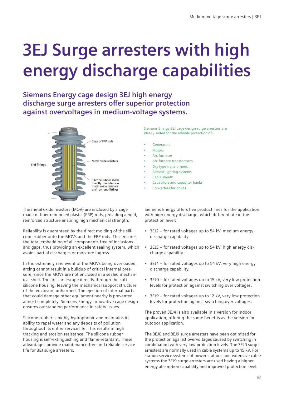 3EJ high-energy cage design: labeled cutaway showing the FRP-rod cage, metal oxide resistors and silicone rubber sheds molded directly onto resistors and end-fittings, with the protected-application list and five-line portfolio (catalog page 63).
