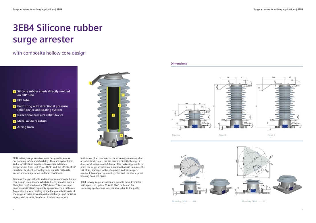 3EB4 composite hollow-core design — cutaway with numbered components (silicone sheds on FRP tube, directional pressure relief, MOVs, arcing horn) and dimension drawings for housing figures A/B/C plus -0D and -0E mountings