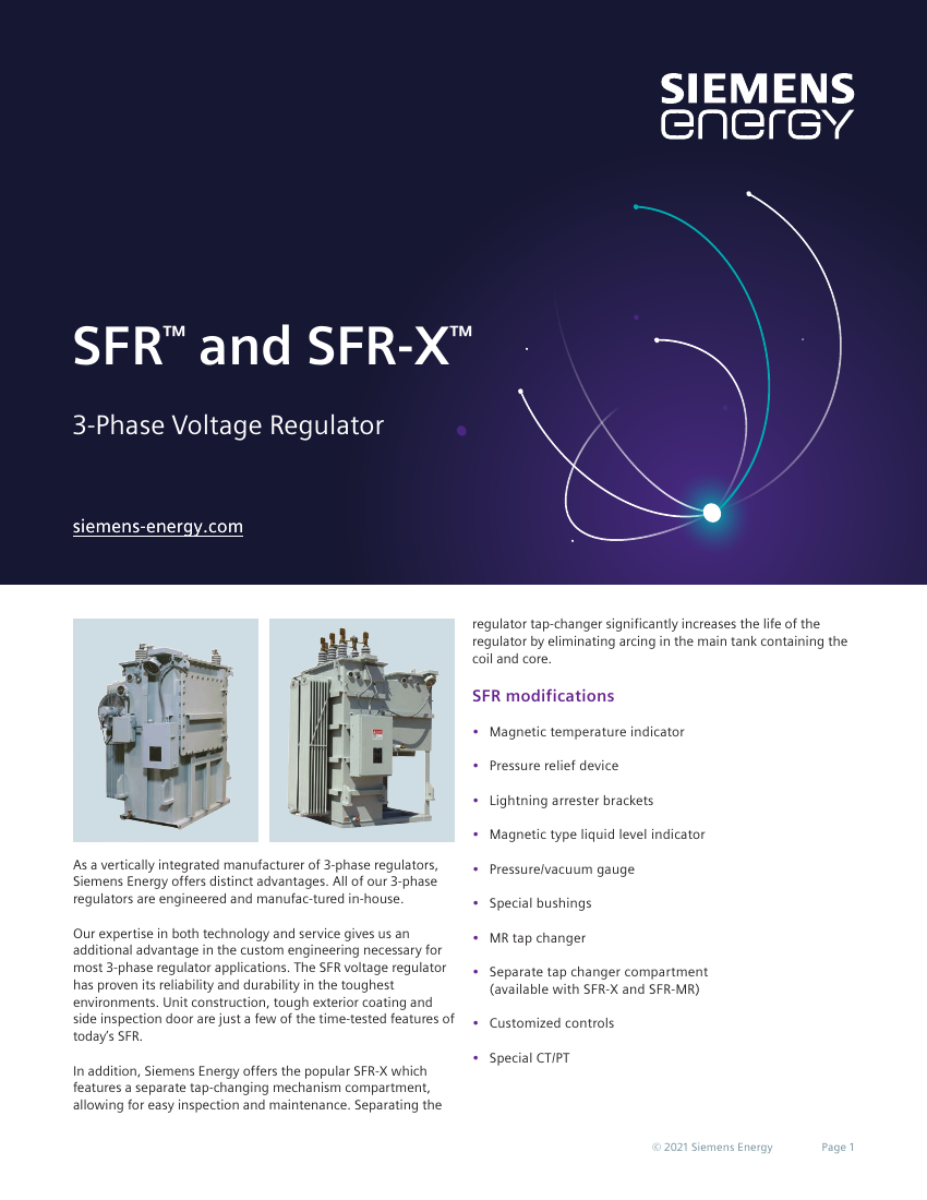 Cover page of the SFR and SFR-X 3-Phase Voltage Regulator datasheet with the two product photos, the overview text and the SFR modifications list (page 1).