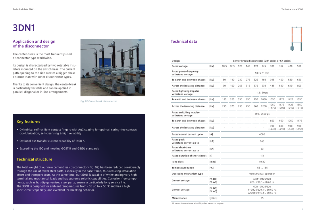 3DN1 centre-break disconnector — application, key features and full IEC ratings table (40.5–550 kV, up to 4000 A / 160 kA peak)