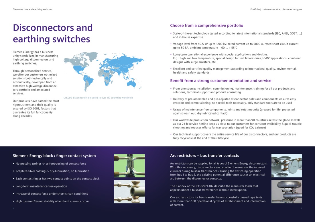 Portfolio overview — 123,000 disconnectors delivered to over 110 countries; block/finger contact system and arc restrictor (bus-transfer) accessories