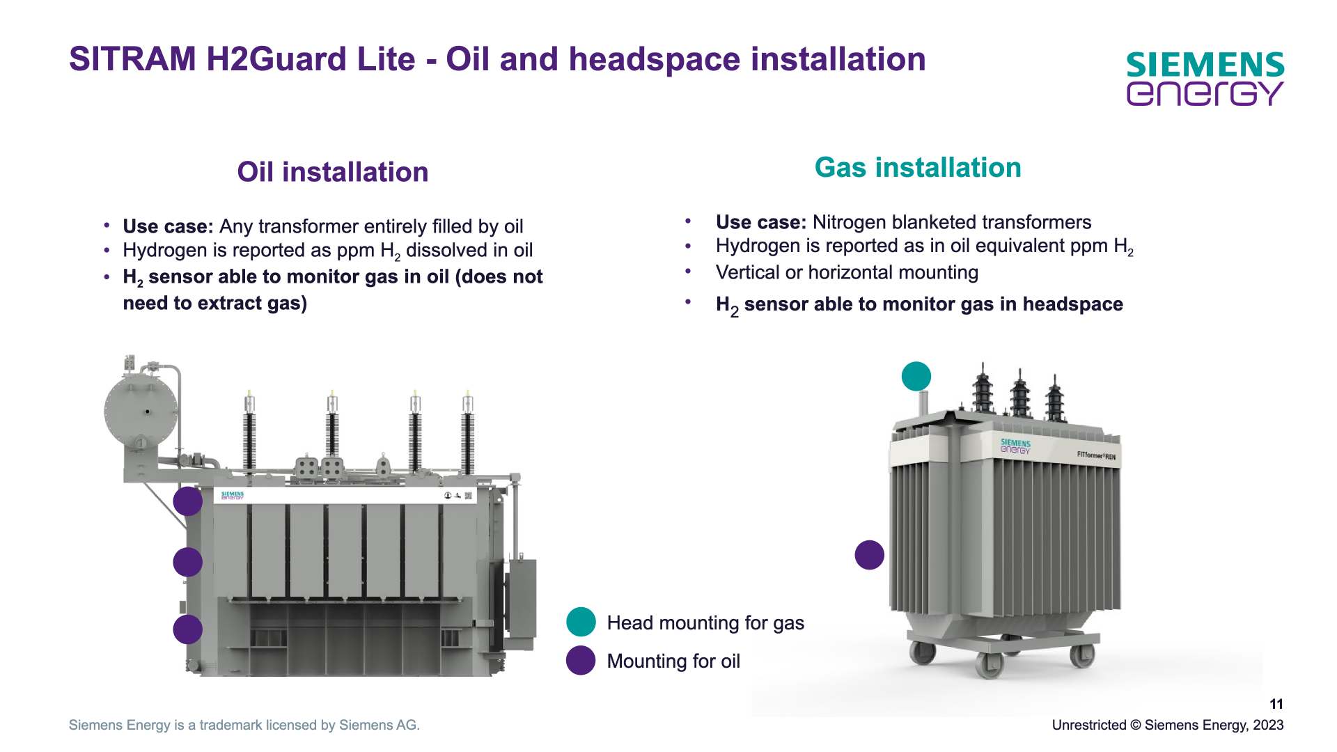 Oil and headspace installation — oil-mounting positions marked on an oil-filled power transformer (left) and head mounting for gas on a nitrogen-blanketed distribution transformer (right), with the mounting legend (slide 11).