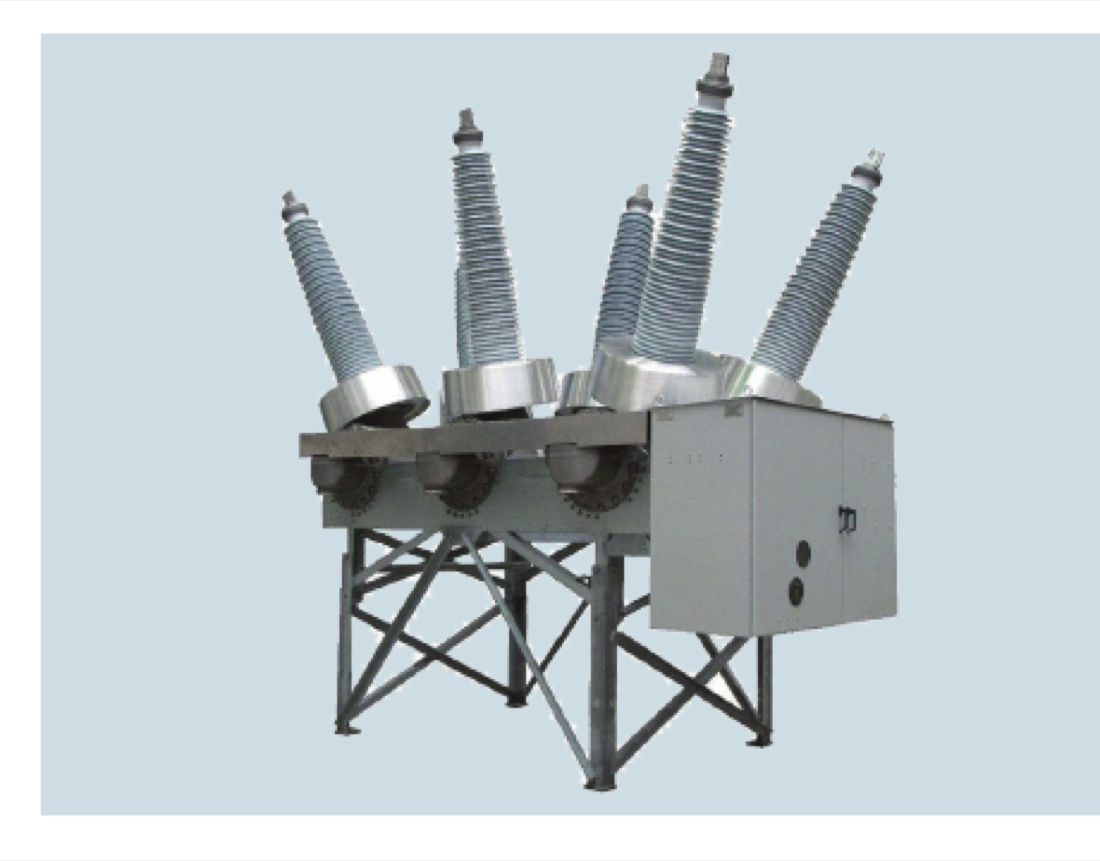 SPS2S 245 kV dead tank circuit breaker with three bushing pairs and control cabinet on support frame (product photo, page 1).