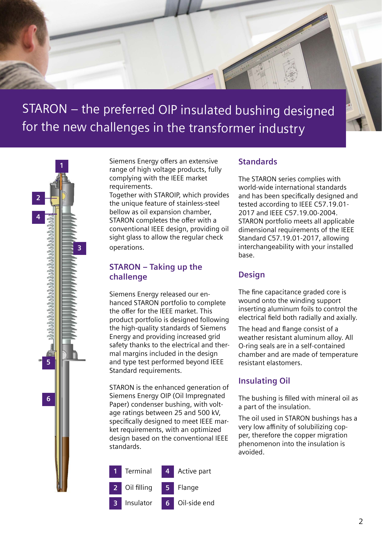 STARON cutaway diagram with the six numbered components (1 Terminal, 2 Oil filling, 3 Insulator, 4 Active part, 5 Flange, 6 Oil-side end) alongside the intro, standards, design and insulating-oil copy (brochure page 2).