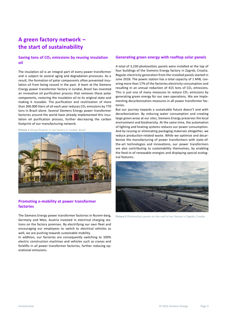 Green factory network: insulation-oil purification in Jundiaí, Brazil and the 1 MW rooftop photovoltaic installation (3,230 panels) in Zagreb, Croatia
