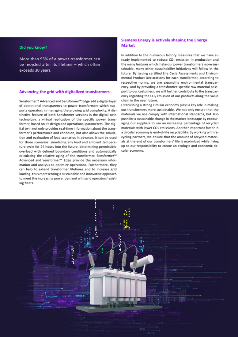 Digitalized Sensformer Advanced/Edge transformers with digital-twin technology, and circular-economy initiatives — more than 95% of a power transformer is recyclable