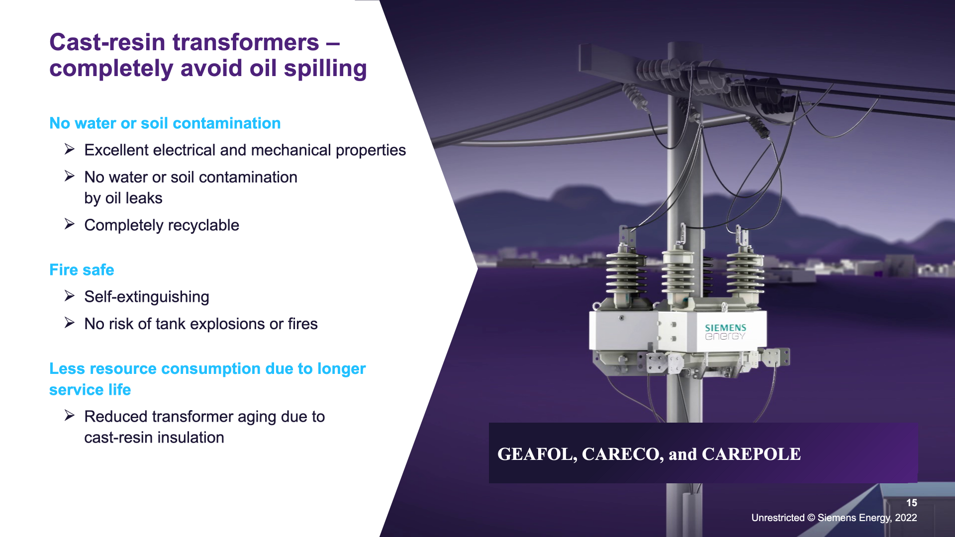 Pole-mounted cast-resin distribution transformer rendering — 'Cast-resin transformers completely avoid oil spilling': GEAFOL, CARECO, and CAREPOLE (slide 15).