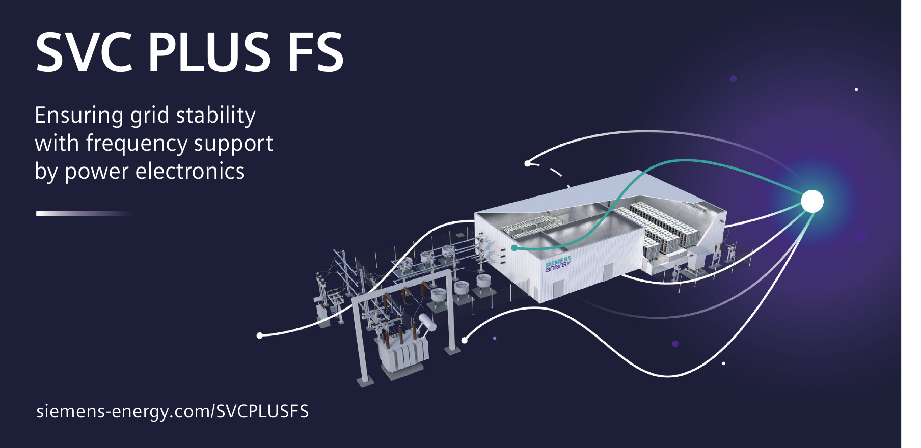 Cover panel: SVC PLUS FS — ensuring grid stability with frequency support by power electronics; illustration of the converter building with supercapacitor racks connected to the grid via a transformer bay