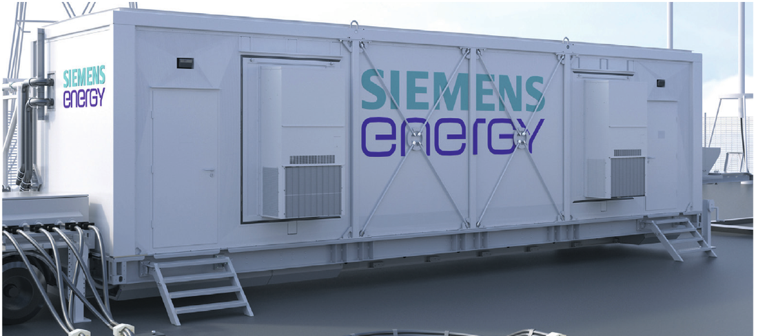 SVC PLUS Mobile on site: the containerized trailer-mounted STATCOM unit ("SVC PLUS on wheels") with access stairs and external cable connections, from the Solutions section
