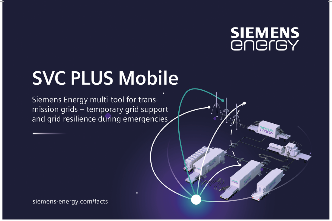Cover panel: SVC PLUS Mobile — Siemens Energy multi-tool for transmission grids, with isometric illustration of mobile STATCOM trailer units deployed across a transmission network
