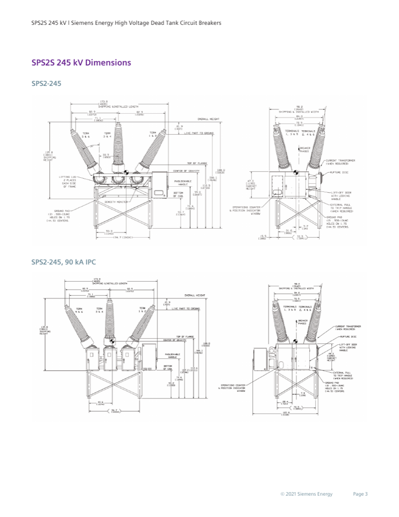 Dimension drawings, SPS2-245 and SPS2-245 90 kA IPC, front and side elevations (2021 datasheet, p. 3)
