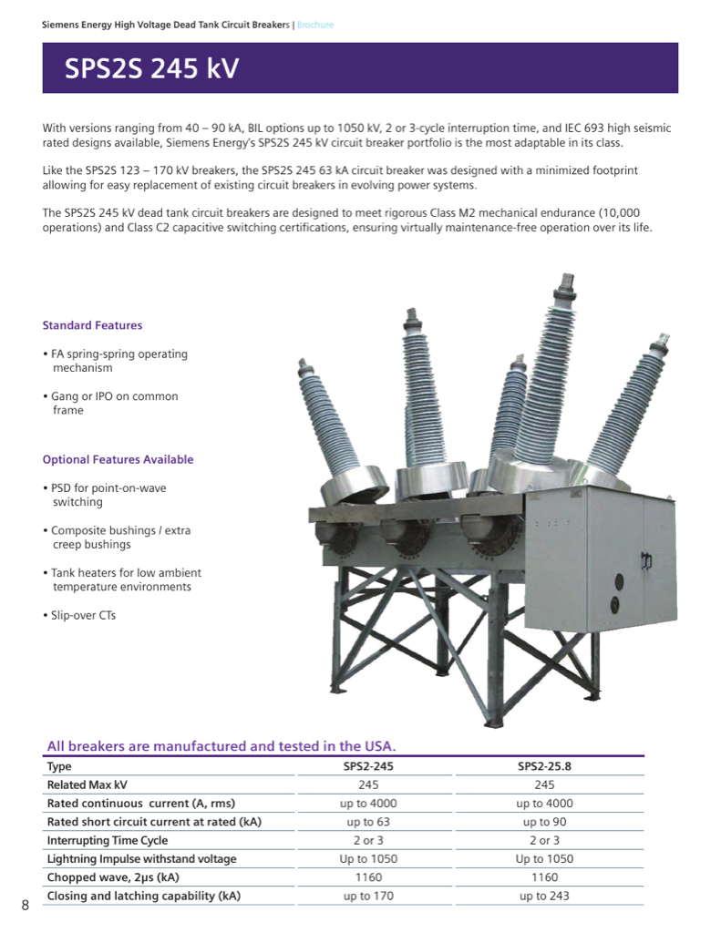 SPS2S 245 kV three-pole breaker on common frame with 40-90 kA ratings table (US portfolio catalog, p. 8)