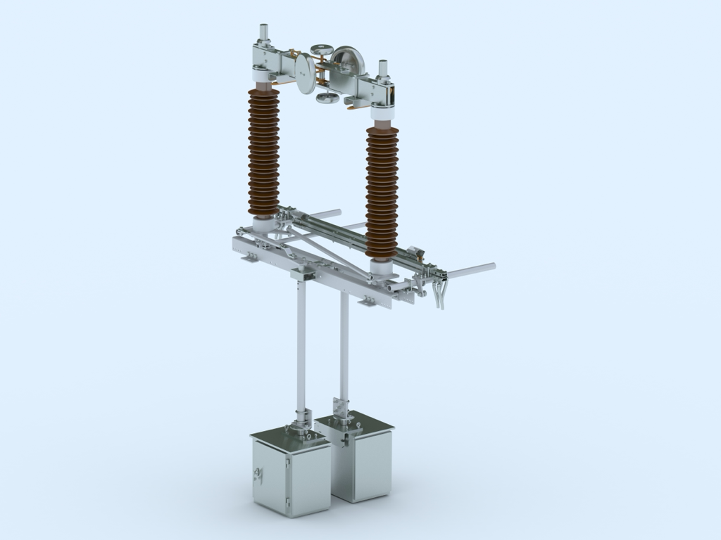 3DN1 centre-break pole, closed position — two rotatable insulator columns on the galvanized base frame with motor-drive cabinets