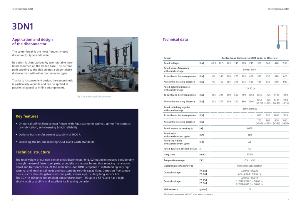 Technical data, 3DN1 centre-break disconnector (DBF/CR series), 40.5–550 kV — SHVC brochure pp. 6–7
