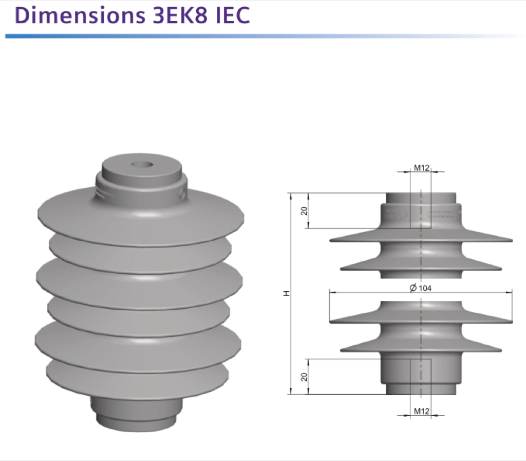 Dimension drawing, 3EK8 IEC version — ø104 mm sheds, M12 internal thread top and bottom