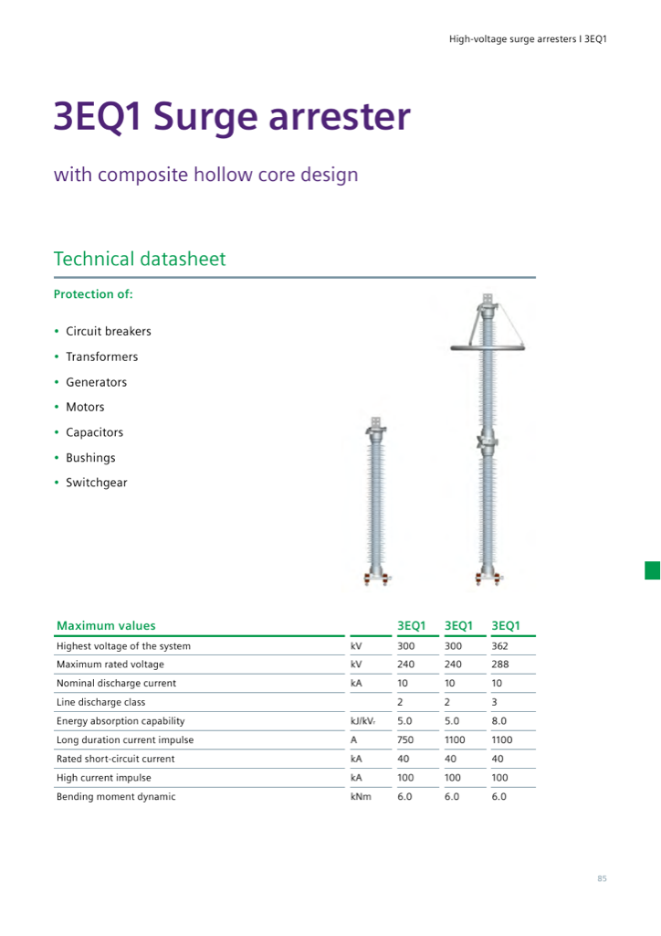 3EQ1 technical datasheet page: single-unit and two-unit arrester with grading ring, maximum values table (catalog p. 85)