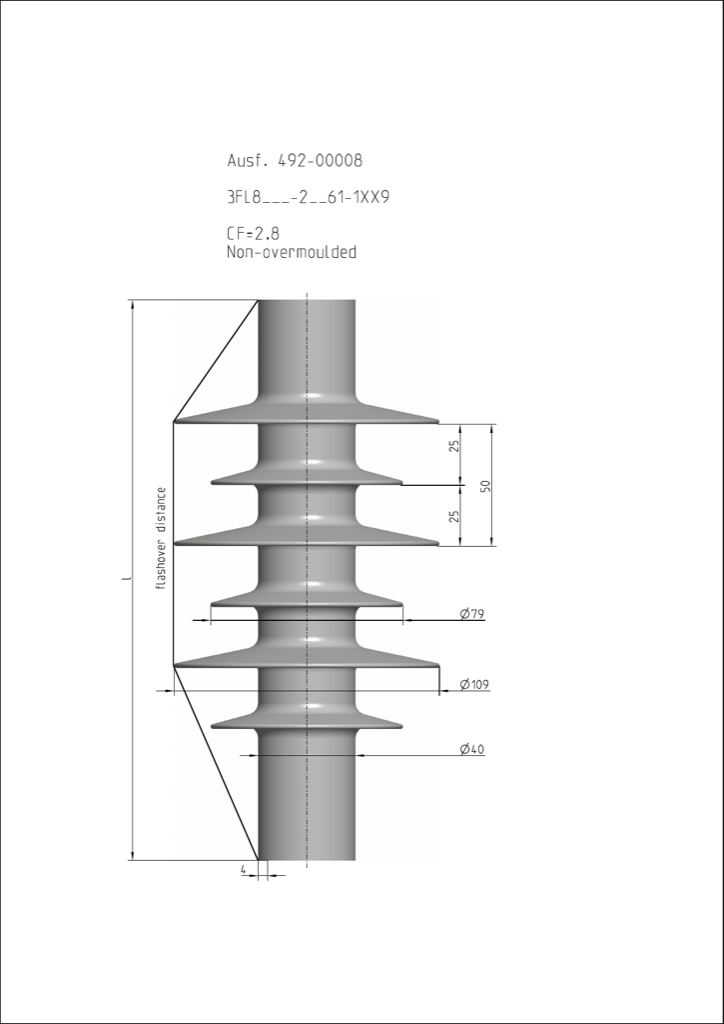 Housing dimension drawing, CF 2.8 profile (drawing 492-00008): shed pair Ø109/79 mm, Ø40 mm over rod, 25 mm shed spacing
