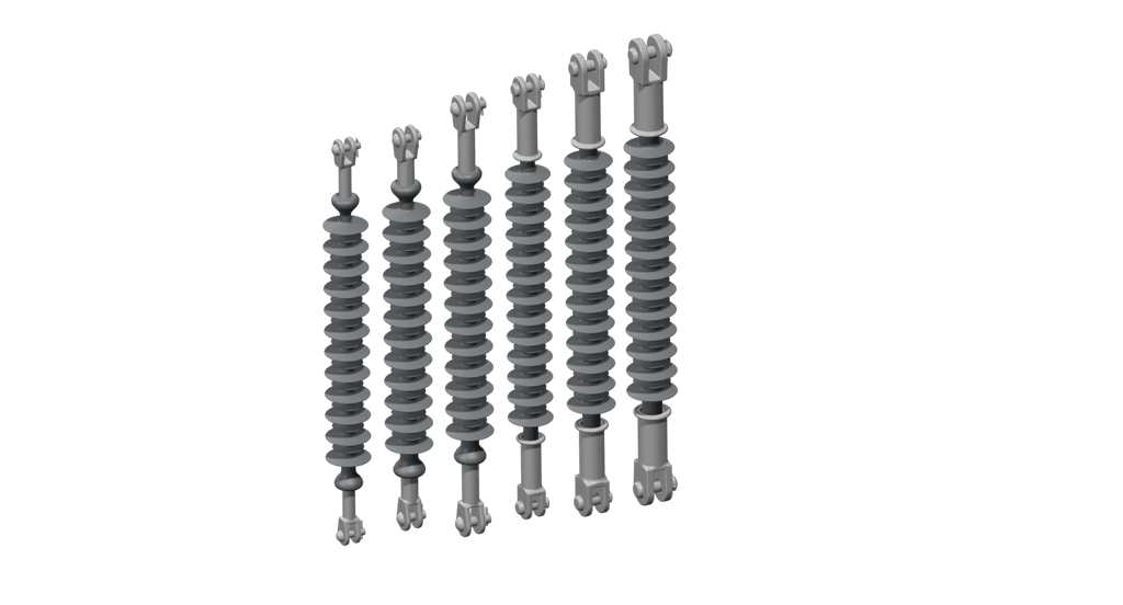 3FL composite long-rod insulator family lineup with forged steel end fittings, CAD rendering