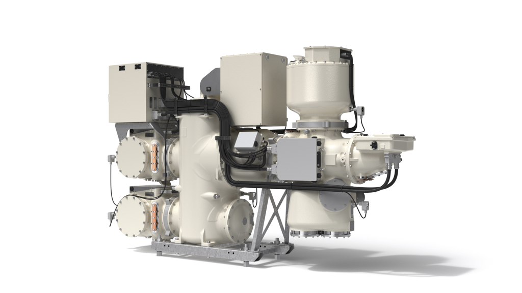 8DN8 bay product render, right-front view — circuit-breaker column, busbar modules and integrated local control cubicles