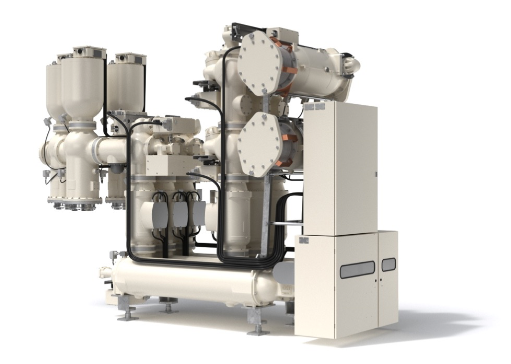 8DN9 switchgear bay up to 245 kV, manufacturer rendering from the GIS 72.5-550 kV portfolio catalog
